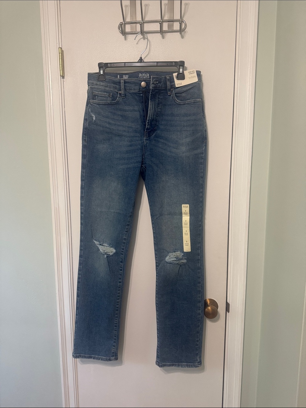 a.n.a Distressed Straight Leg Jeans in Dark Blue Wash